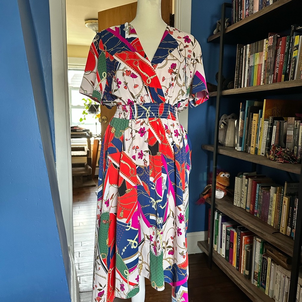 Aqua Red and Blue High Low Scarf Print Sundress